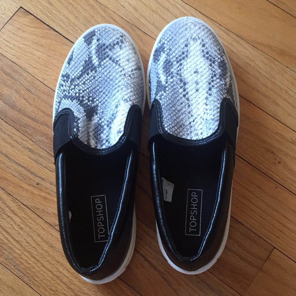 Faux snakeskin slip ons